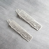 Long Silver Rectangle Earrings, skeleton leaf earring, organic shape earring, silver filigree earring, long thin rectangle earring, narrow - Constant Baubling