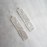 Long Silver Rectangle Earrings, skeleton leaf earring, organic shape earring, silver filigree earring, long thin rectangle earring, narrow - Constant Baubling