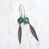 Long Copper Feather Earrings, verdigris patina earring, long rustic earring, long narrow earring, rust brown blue earring, blue patina disk - Constant Baubling