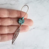 Long Copper Feather Earrings, verdigris patina earring, long rustic earring, long narrow earring, rust brown blue earring, blue patina disk - Constant Baubling