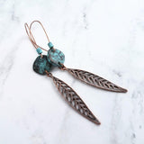 Long Copper Feather Earrings, verdigris patina earring, long rustic earring, long narrow earring, rust brown blue earring, blue patina disk - Constant Baubling