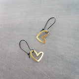 Simple Gold Heart Earrings, matte black kidney hook, asymmetrical heart earring, Valentine's Day earring, galentine gift, gold heart outline - Constant Baubling