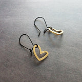Simple Gold Heart Earrings, matte black kidney hook, asymmetrical heart earring, Valentine's Day earring, galentine gift, gold heart outline - Constant Baubling