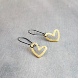 Simple Gold Heart Earrings, matte black kidney hook, asymmetrical heart earring, Valentine's Day earring, galentine gift, gold heart outline - Constant Baubling