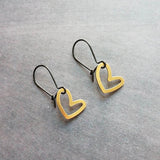 Simple Gold Heart Earrings, matte black kidney hook, asymmetrical heart earring, Valentine's Day earring, galentine gift, gold heart outline - Constant Baubling