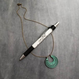 Crescent Moon Necklace, verdigris patina necklace, semicircle pendant, bronze necklace, medallion pendant, filigree pendant necklace, green - Constant Baubling