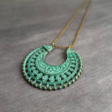 Crescent Moon Necklace, verdigris patina necklace, semicircle pendant, bronze necklace, medallion pendant, filigree pendant necklace, green - Constant Baubling