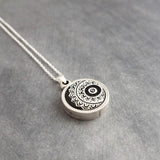 Mandala Necklace, black white pendant necklace, yoga pendant, silver mandala necklace, silver chain round pendant necklace filigree necklace - Constant Baubling
