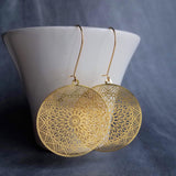 Gold Dreamcatcher Earrings, gold spiderweb earrings, spider web earring, dream catcher earring, gold filigree earrings, intricate cut out - Constant Baubling