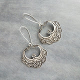 Large Medallion Earrings, ornate antique silver earrings, floral medallion earrings, flourish earrings, romantic earrings, long kidney hook - Constant Baubling