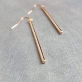Rose Gold Stick Earrings, long thin bar earring, line earring, rose gold bar earring, long thin cylinder earring, long tube earring, modern - Constant Baubling