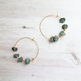 Gold Hoop Earrings, blue green aqua earrings, verdigris patina earrings, eucalyptus leaves, disk earrings, large hoop earring, disks on hoop - Constant Baubling