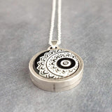Mandala Necklace, black white pendant necklace, yoga pendant, silver mandala necklace, silver chain round pendant necklace filigree necklace - Constant Baubling