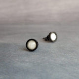 White Black Stud Earrings, milky white stud earrings, milky white earrings, matte black earring, iridescent white, opal white round sparkle - Constant Baubling