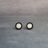 White Black Stud Earrings, milky white stud earrings, milky white earrings, matte black earring, iridescent white, opal white round sparkle - Constant Baubling