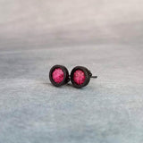 Hot Pink Black Stud Earrings, black fuchsia stud earring, hot pink earrings, matte black earring, fuchsia earrings, bright round sparkle - Constant Baubling