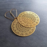 Gold Dreamcatcher Earrings, gold spiderweb earrings, spider web earring, dream catcher earring, gold filigree earrings, intricate cut out - Constant Baubling