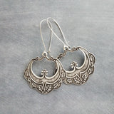 Large Medallion Earrings, ornate antique silver earrings, floral medallion earrings, flourish earrings, romantic earrings, long kidney hook - Constant Baubling