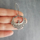 Large Medallion Earrings, ornate antique silver earrings, floral medallion earrings, flourish earrings, romantic earrings, long kidney hook - Constant Baubling