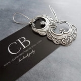 Large Medallion Earrings, ornate antique silver earrings, floral medallion earrings, flourish earrings, romantic earrings, long kidney hook - Constant Baubling