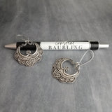 Large Medallion Earrings, ornate antique silver earrings, floral medallion earrings, flourish earrings, romantic earrings, long kidney hook - Constant Baubling