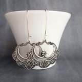 Large Medallion Earrings, ornate antique silver earrings, floral medallion earrings, flourish earrings, romantic earrings, long kidney hook - Constant Baubling