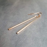 Rose Gold Stick Earrings, long thin bar earring, line earring, rose gold bar earring, long thin cylinder earring, long tube earring, modern - Constant Baubling