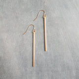 Rose Gold Stick Earrings, long thin bar earring, line earring, rose gold bar earring, long thin cylinder earring, long tube earring, modern - Constant Baubling