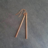 Rose Gold Stick Earrings, long thin bar earring, line earring, rose gold bar earring, long thin cylinder earring, long tube earring, modern - Constant Baubling