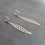 Thin Silver Leaf Earrings, long narrow leaf earrings, filigree leaves earring, long silver leaf earring, cut out leaf earring, huggie hoops - Constant Baubling