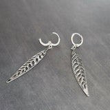 Thin Silver Leaf Earrings, long narrow leaf earrings, filigree leaves earring, long silver leaf earring, cut out leaf earring, huggie hoops - Constant Baubling