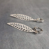 Thin Silver Leaf Earrings, long narrow leaf earrings, filigree leaves earring, long silver leaf earring, cut out leaf earring, huggie hoops - Constant Baubling