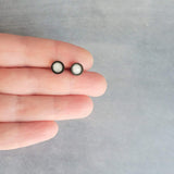 White Black Stud Earrings, milky white stud earrings, milky white earrings, matte black earring, iridescent white, opal white round sparkle - Constant Baubling