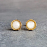 White Black Stud Earrings, milky white stud earrings, milky white earrings, matte black earring, iridescent white, opal white round sparkle - Constant Baubling