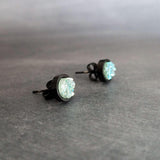 Ice Mint Blue Black Stud Earrings, ice blue earring, Alice blue earrings, matte black earring, small druzy earrings, jagged round stone pale - Constant Baubling
