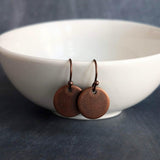 Copper Disk Earrings, round copper dangle earring, antique copper earring, small flat disk earring, lightweight copper earring, aged copper - Constant Baubling