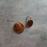 Copper Disk Earrings, round copper dangle earring, antique copper earring, small flat disk earring, lightweight copper earring, aged copper - Constant Baubling