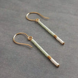 Gold Mint Earrings, very thin 14K gold fill earring, beaded color block earring, gold stick earring, minimalist earring, tiny bead earring - Constant Baubling