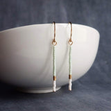 Gold Mint Earrings, very thin 14K gold fill earring, beaded color block earring, gold stick earring, minimalist earring, tiny bead earring - Constant Baubling