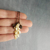 Fall Necklace, oak necklace, oak tree necklace, gold leaf pendant, pine cone charm, acorn charm, bronze chain, antique brass, autumn jewelry - Constant Baubling