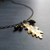 Fall Necklace, oak necklace, oak tree necklace, gold leaf pendant, pine cone charm, acorn charm, bronze chain, antique brass, autumn jewelry - Constant Baubling