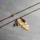Fall Necklace, oak necklace, oak tree necklace, gold leaf pendant, pine cone charm, acorn charm, bronze chain, antique brass, autumn jewelry - Constant Baubling