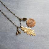 Fall Necklace, oak necklace, oak tree necklace, gold leaf pendant, pine cone charm, acorn charm, bronze chain, antique brass, autumn jewelry - Constant Baubling