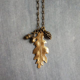 Fall Necklace, oak necklace, oak tree necklace, gold leaf pendant, pine cone charm, acorn charm, bronze chain, antique brass, autumn jewelry - Constant Baubling