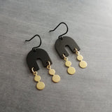 Gold Matte Black Earrings, black arch earring, semicircle shape, u-shape earring, black dangle earring, small dangles, brass drops, matt - Constant Baubling