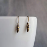 Tiny Spear Earrings, antique brass earring, old gold earring, small dangle earring, small bullet earring, bronze earring, mini spike earring - Constant Baubling