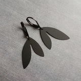 Matte Black Earrings, double leaf earring, black leaves, lever back earring, leverback, helicopter seed earring, asymmetrical earring, flat - Constant Baubling