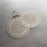 Silver Dreamcatcher Earrings, spiderweb earring, hypoallergenic stainless steel, dream catcher earring, large round silver filigree earrings - Constant Baubling