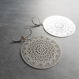 Silver Dreamcatcher Earrings, spiderweb earring, hypoallergenic stainless steel, dream catcher earring, large round silver filigree earrings - Constant Baubling