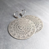 Silver Dreamcatcher Earrings, spiderweb earring, hypoallergenic stainless steel, dream catcher earring, large round silver filigree earrings - Constant Baubling